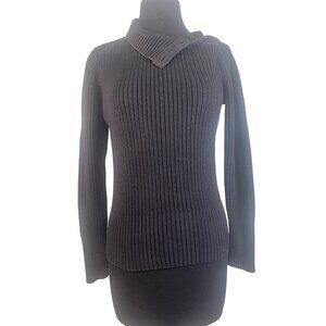 J Jill Womens Ribbed Knit Black Sweater XS Asymmetrical Button Collar